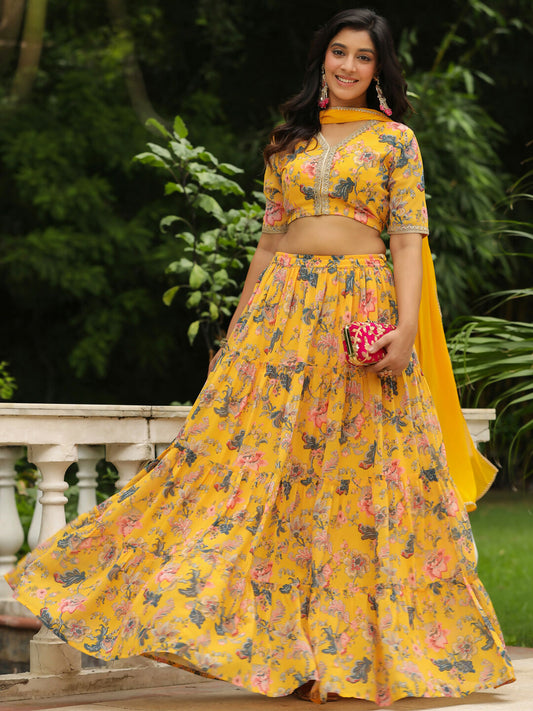Janasya Yellow Georgette Floral Lehenga Choli Dupatta