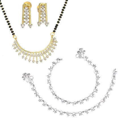 AanyaCentric Gold-Polished Mangalsutra Pendant Earring Set & Silver Plated Anklet