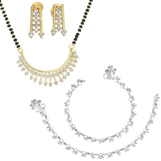 AanyaCentric Gold-Polished Mangalsutra Pendant Earring Set & Silver Plated Anklet