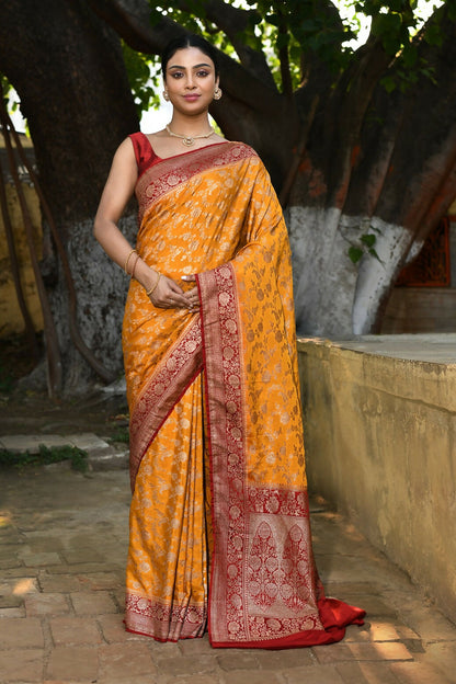 Joban Fashion Gold Crepe Chiffon Pure Handloom Banarasi Silk Saree