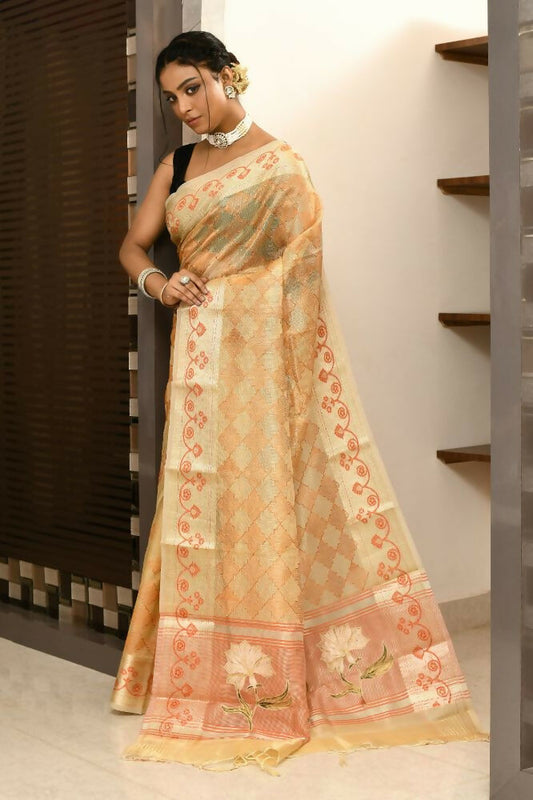 Joban Fashion Light Orange Saree Kota Tissue With Embroidery And Applick Anchal