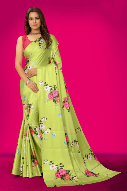 Aayaa Designer Printed Satin Saree - Multi Color
