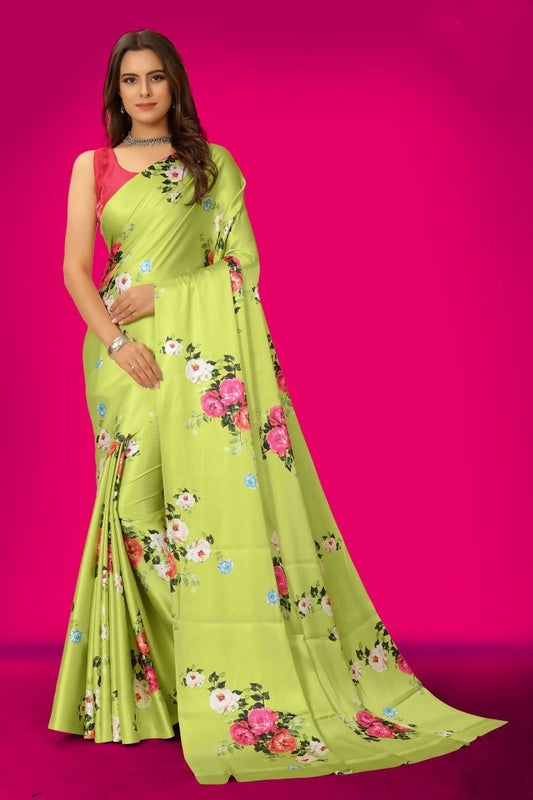 Aayaa Designer Printed Satin Saree - Multi Color