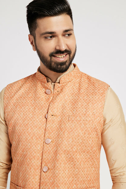 Ethnic India Orange Bundi Men's Jacket Abstract Blended