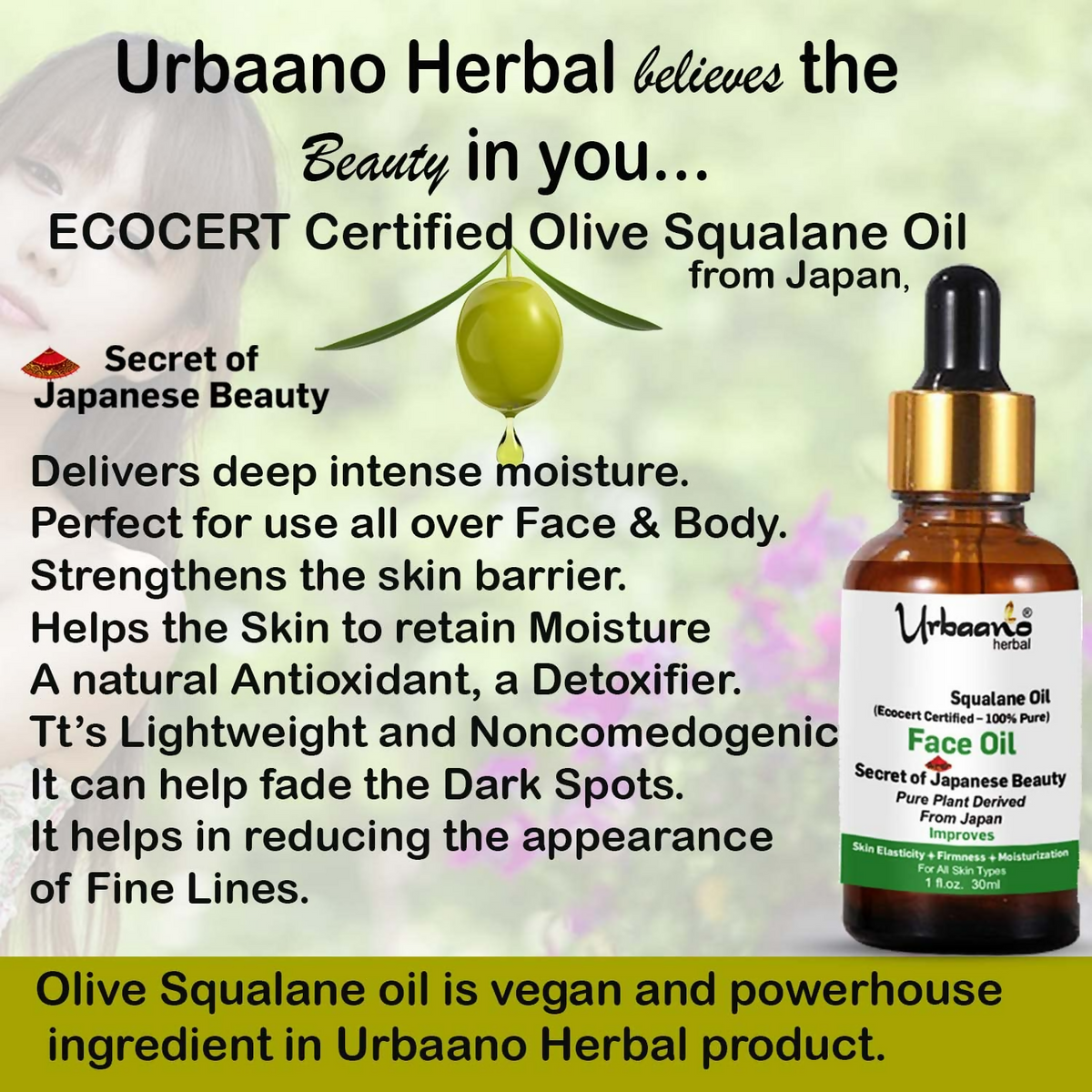 Urbaano Herbal Olive Squalane - 100% Pure Natural Plant-Derived Japanese Oil