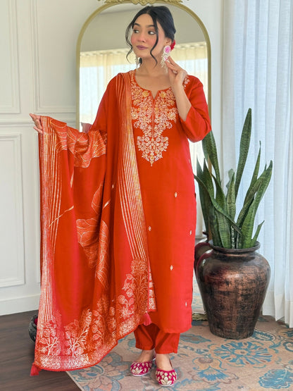 The52 Rust Women's Gorgeous Roman Silk Fabric Straight Kurta, Pant and Dupatta Set