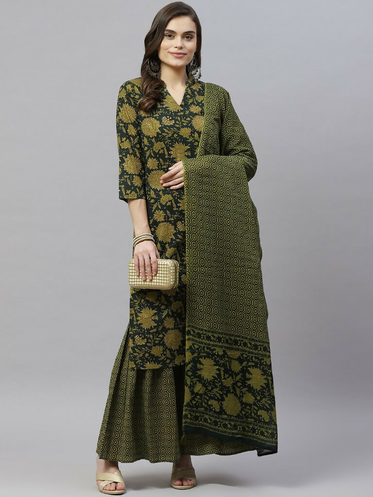 Miravan Women's Cotton Floral Straight Kurta & Sharara With Dupatta Set
