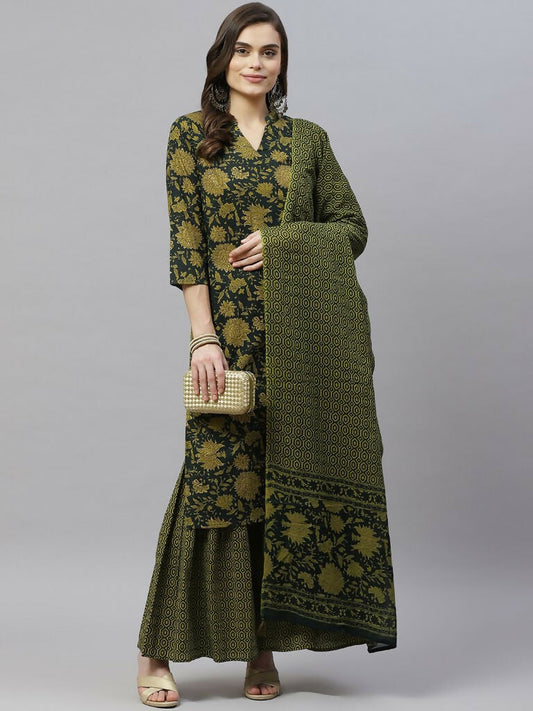 Miravan Women's Cotton Floral Straight Kurta & Sharara With Dupatta Set