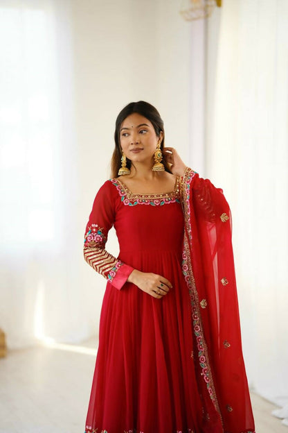 Teeya Creation Red Color Heavy Georgette Wedding Wear Embroidery Work Long Gown