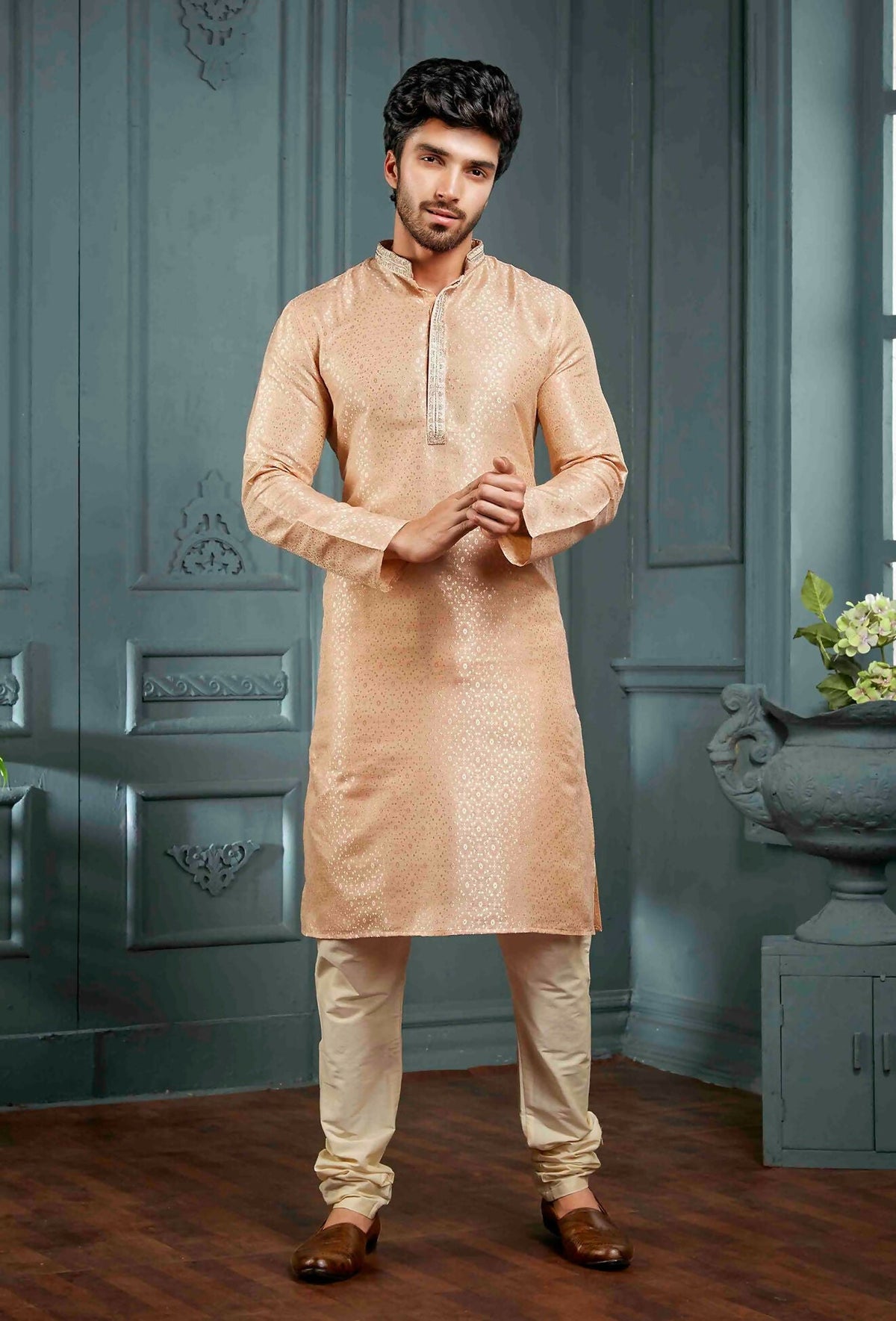 Joban Fashion Men's Light Peach Poly Jacquard Kurta Pajama