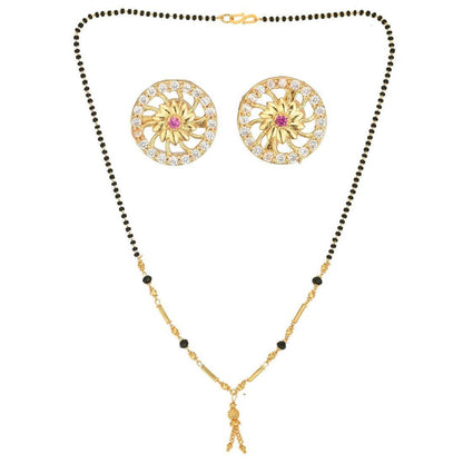 AanyaCentric Gold-Polished Short Mangalsutra Set with Earrings