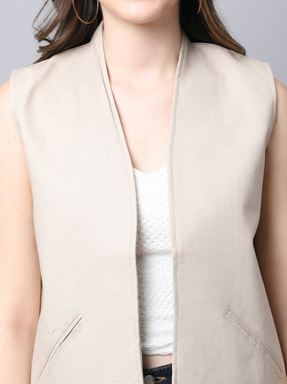 Even Apparels Cream Linen Cotton Open Front Women's Waistcoat