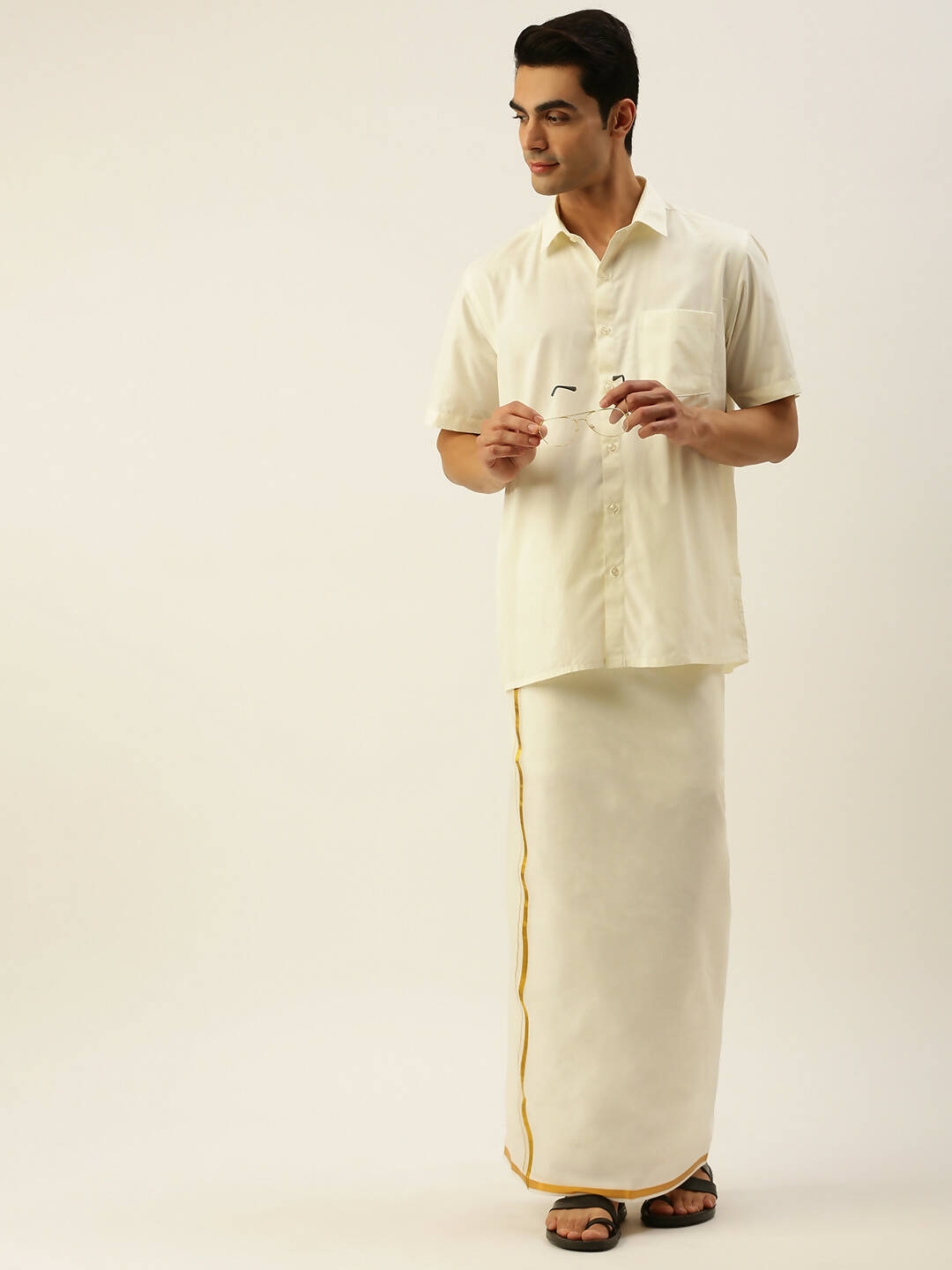 Ramraj Cotton Mens Poly Cotton 1/2 " Gold Jari Dhoti - Cream