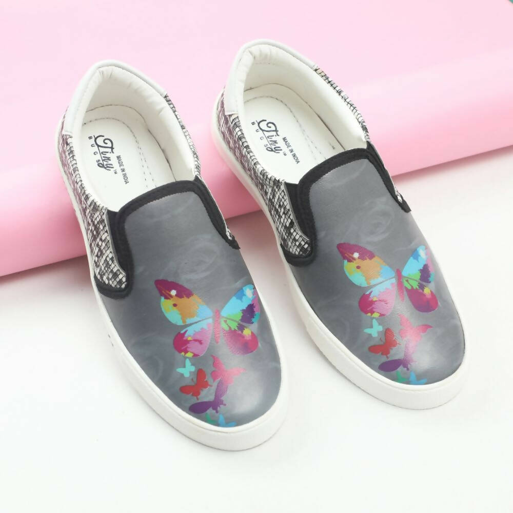 Tiny Bugs Girls Butterfly Print Slip Ons Sneakers - Dark Grey