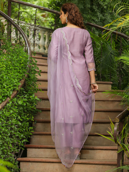 Janasya Lavender Silk Blend Solid Kurta,Bottom & Dupatta