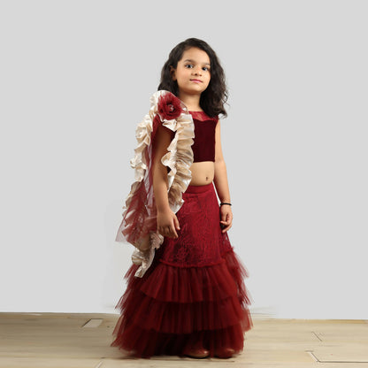 Pink Cow Fashions Velvet Choli With Net Ghagra & Frill Dupatta