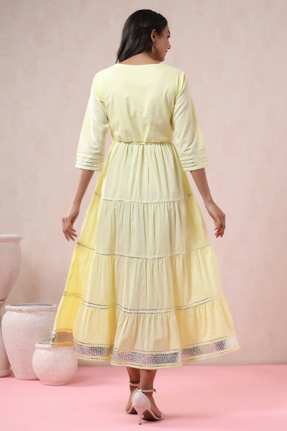 Juniper Yellow Solid Pure Cotton Solid Tiered Maxi Dress With Gota Work Dori Tie-Up & Cushioned Tassels At Waist