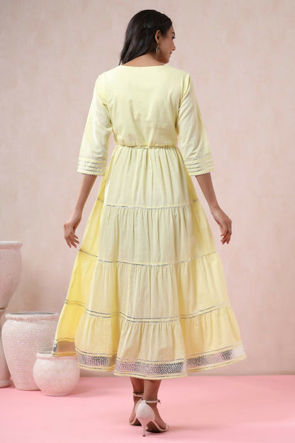 Juniper Yellow Solid Pure Cotton Solid Tiered Maxi Dress With Gota Work Dori Tie-Up & Cushioned Tassels At Waist