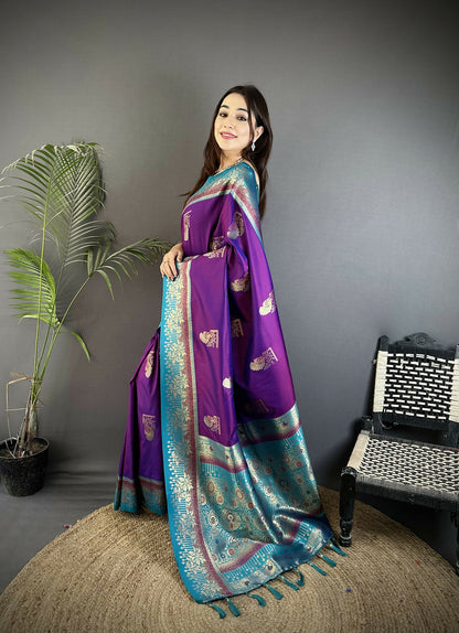 Joban Fashion Purple Banarasi Soft Silk Peacock Butta Work Saree