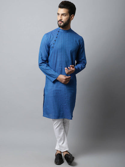 Even Apparels Blue Color Pure Cotton Men's Kurta With Band Collar (CHK1198)