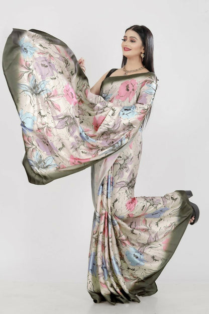 Aayaa Designer Printed Satin Saree - Multi Color