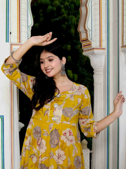 Miravan Women's Cotton Gotapatti And Lace Border Details Floral Printed Yellow Anarkali Kurta