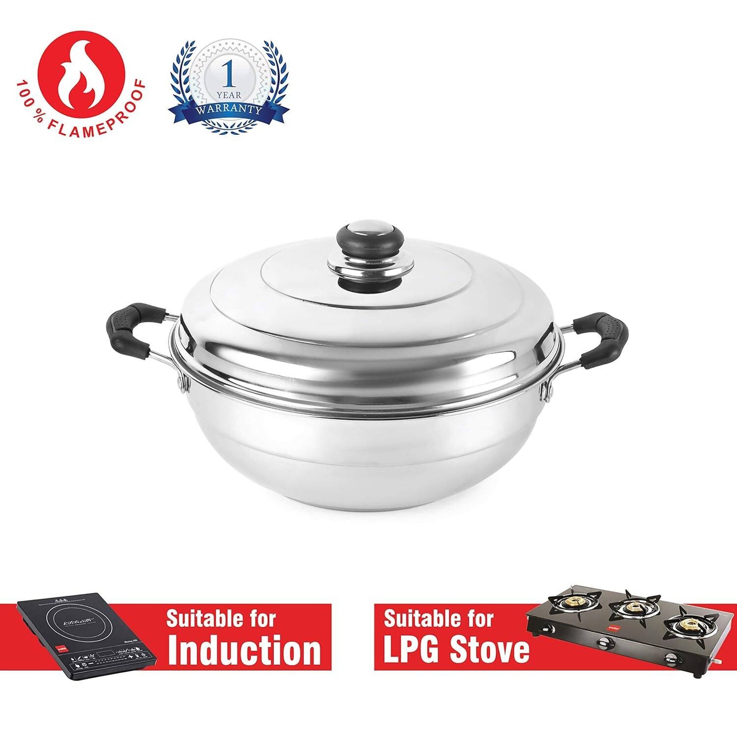 Cello Stainless Steel Induction Base Idli Cooker (Idly Maker) And Multi Kadhai Set of 6