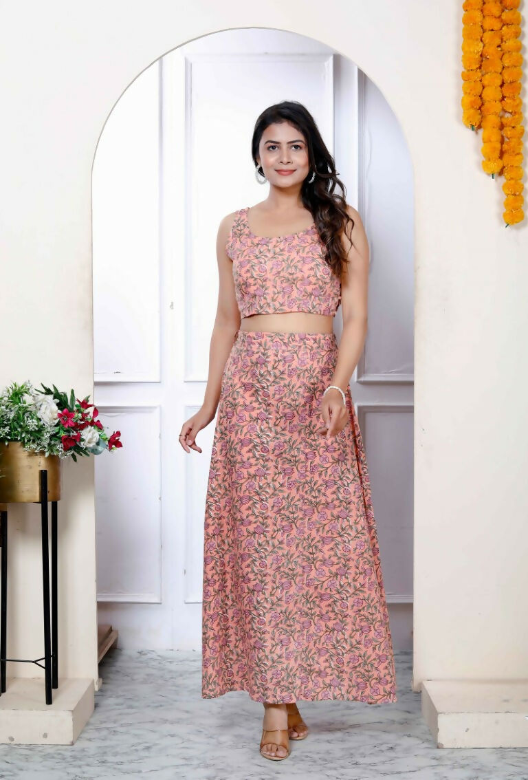 Miravan Women's Orange Floral Printed Crop Top And Skirt Co-Ord Set
