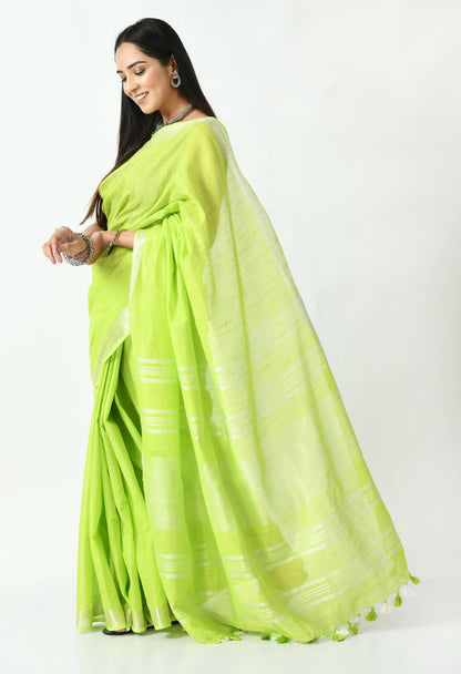 Mominos Fashion Moeza Parrot Green Bhagalpuri Handloom Silk Linen Saree with unstitched Blouse piece