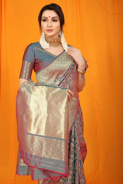 Jyoti Fashion Women's Grey Kanjivaram Silk Zari Woven Saree with Blouse