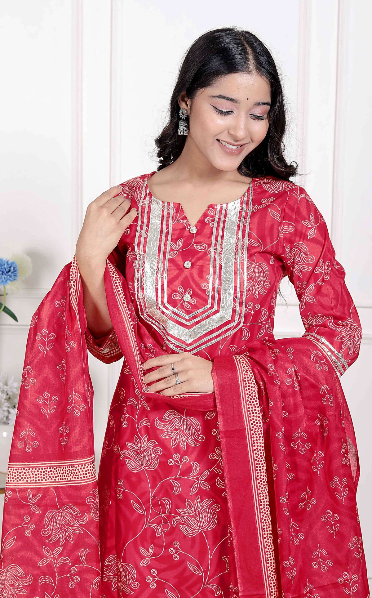 Miravan Red Floral Print Embroidered Cotton Straight Kurta with Palazzo & Dupatta