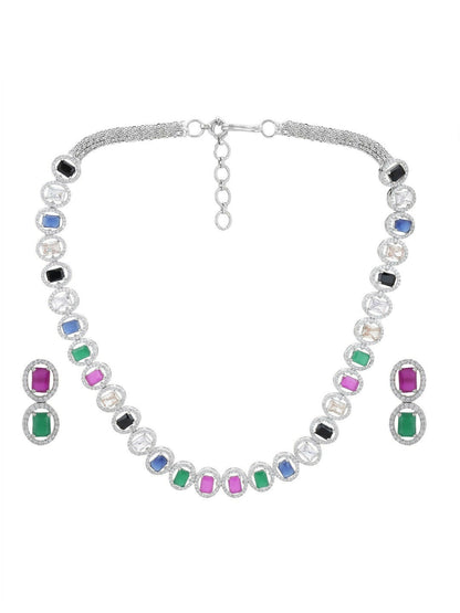 Diamond & Semi Precious Stone Neckpiece with Small Earrings- Ruby Raang