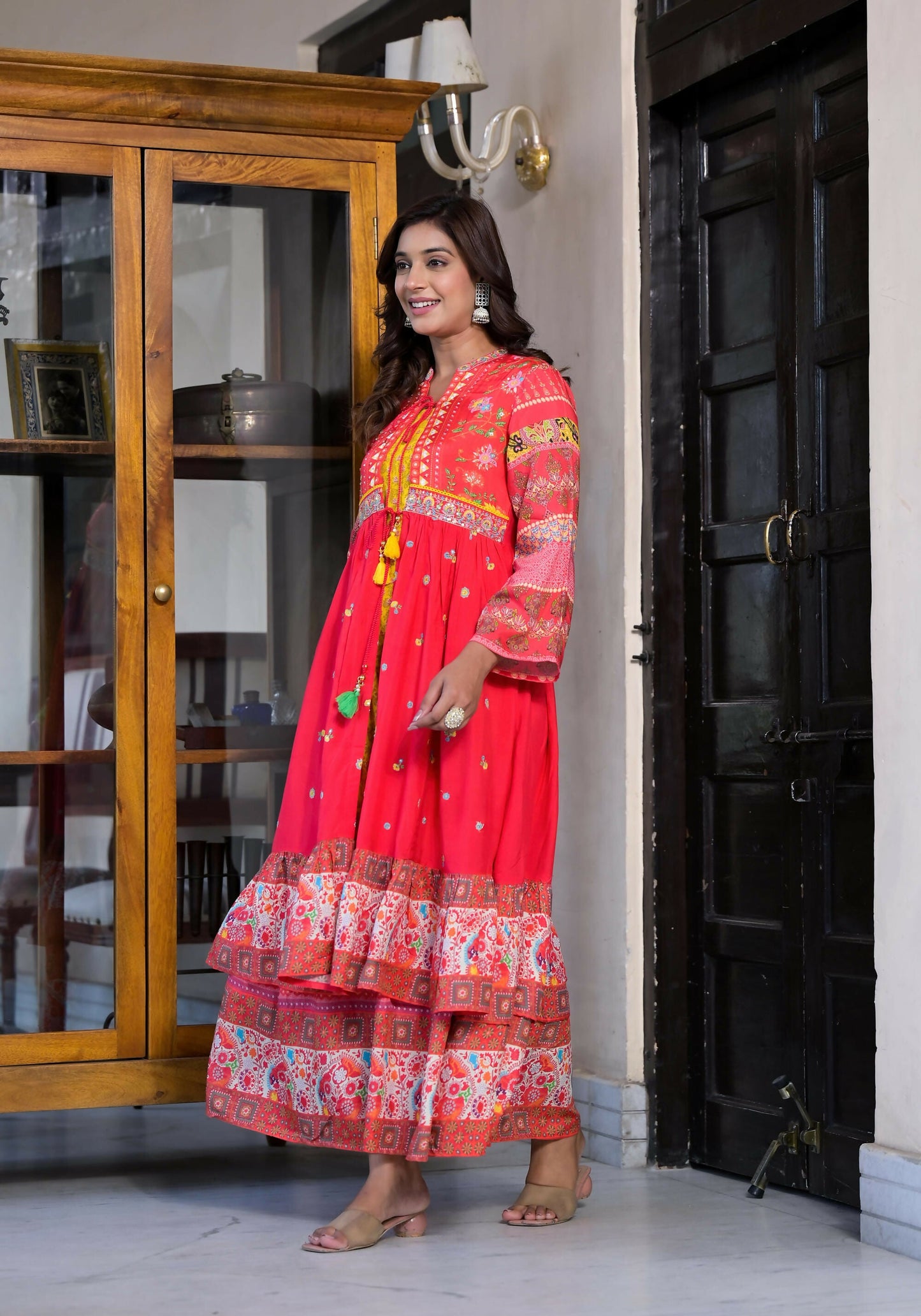 Juniper Women's Red Floral Printed Muslin Maxi Dress With Sequins & Mirror Work And Doris