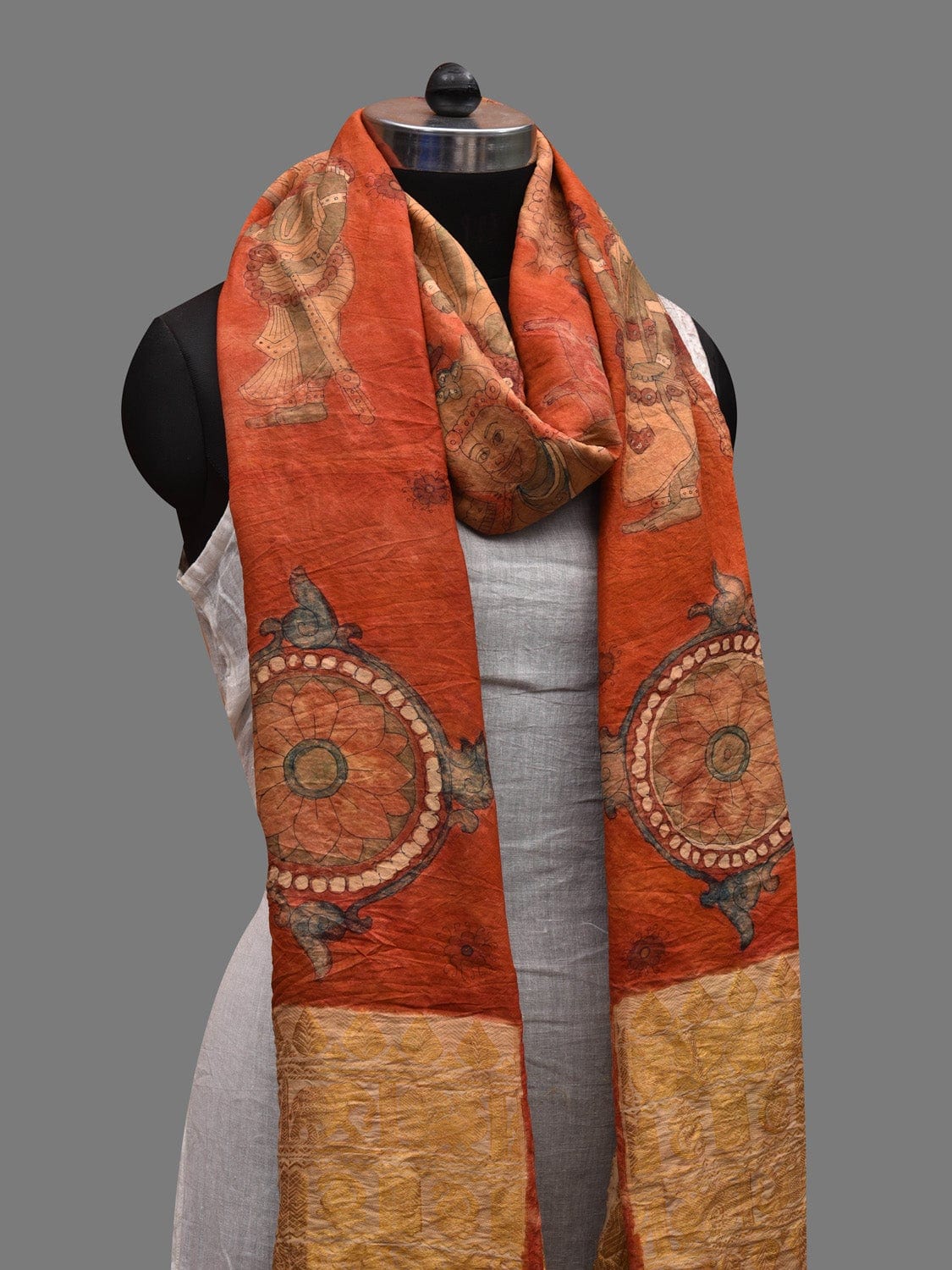 Red Kalamkari Hand Painted Kanchipuram Silk Handloom Dupatta with Dashavatar Design - Global Threads