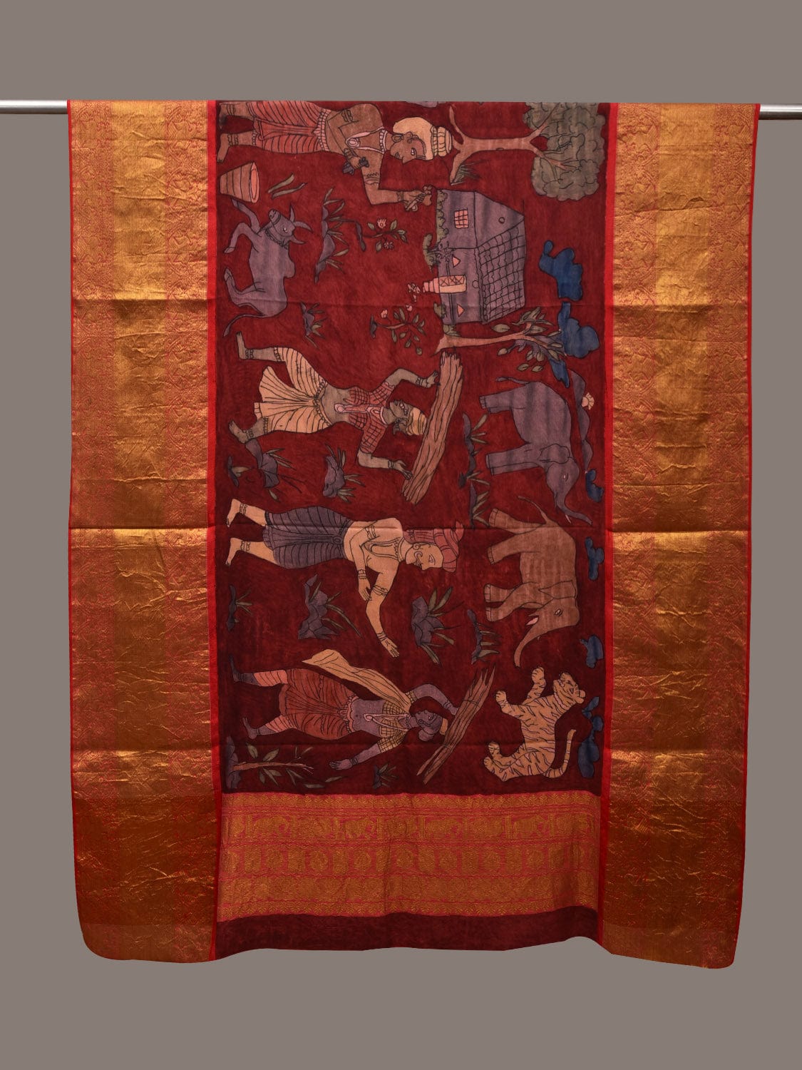 Red Kalamkari Hand Painted Kanchipuram Silk Handloom Dupatta with Village Design - Global Threads