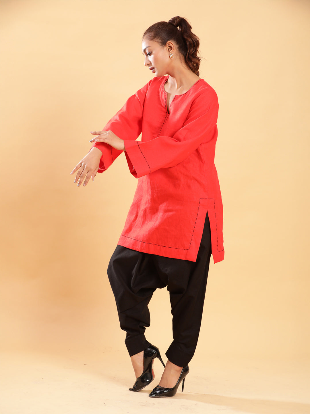BohoJazz Red Threadwork Kurti with Black Harem Pants Co-ord Set