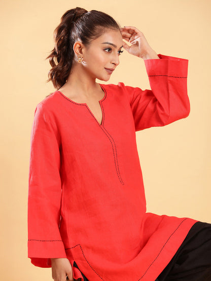 BohoJazz Red Threadwork Kurti with Black Harem Pants Co-ord Set