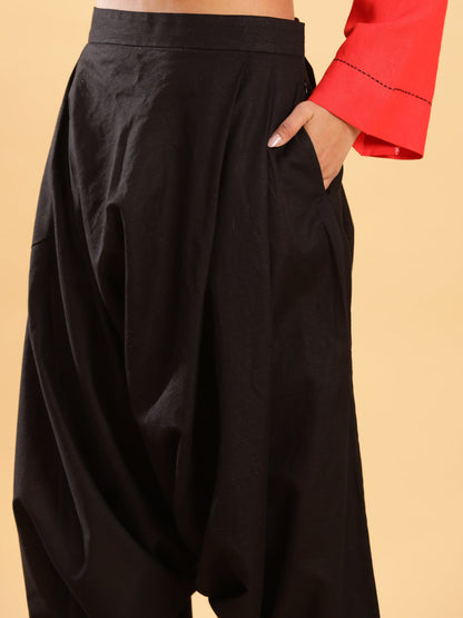 BohoJazz Red Threadwork Kurti with Black Harem Pants Co-ord Set