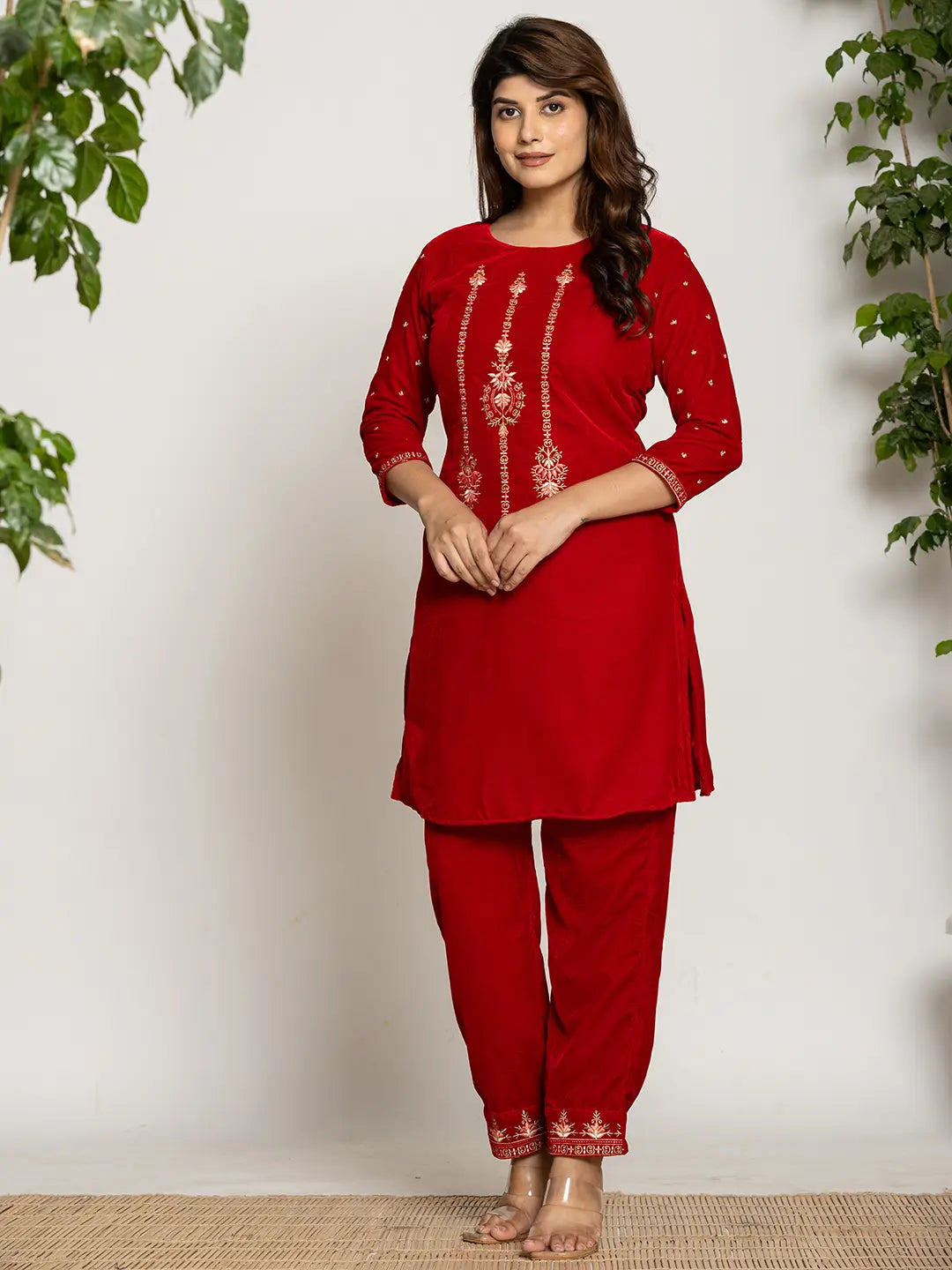 Yufta Red Velvet Embroidered Co-Ord Set With Cotton Lining