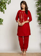 Yufta Red Velvet Embroidered Co-Ord Set With Cotton Lining
