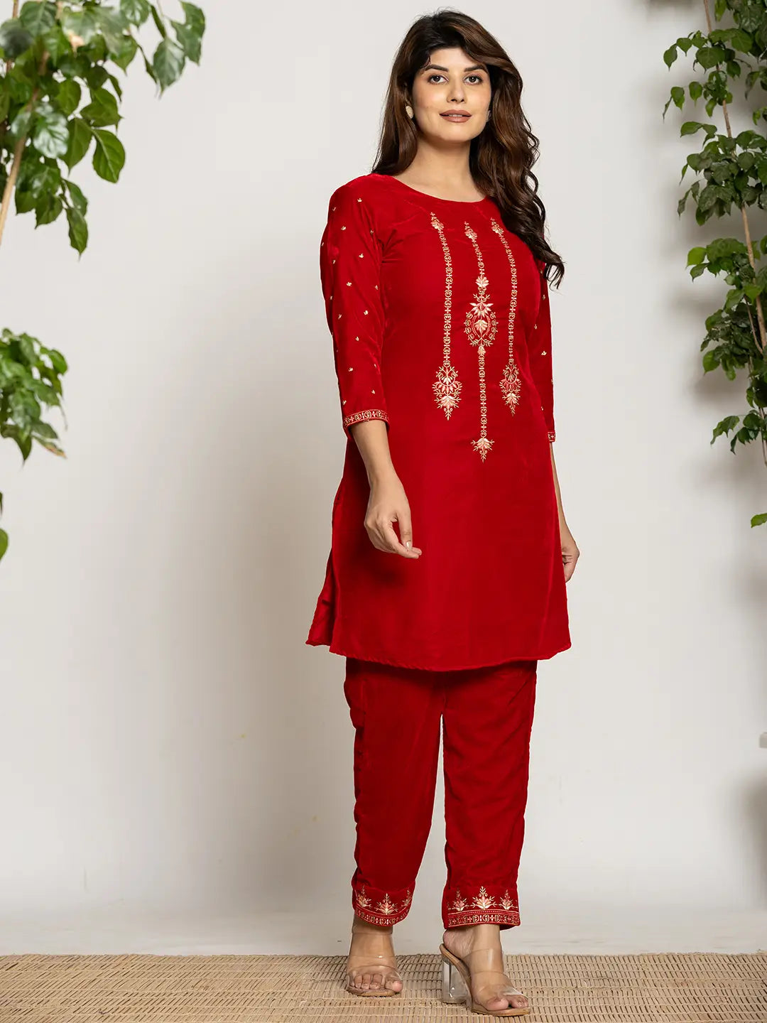 Yufta Red Velvet Embroidered Co-Ord Set With Cotton Lining