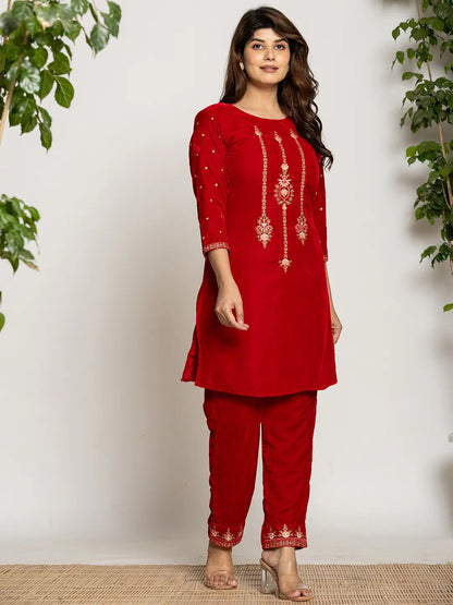 Yufta Red Velvet Embroidered Co-Ord Set With Cotton Lining