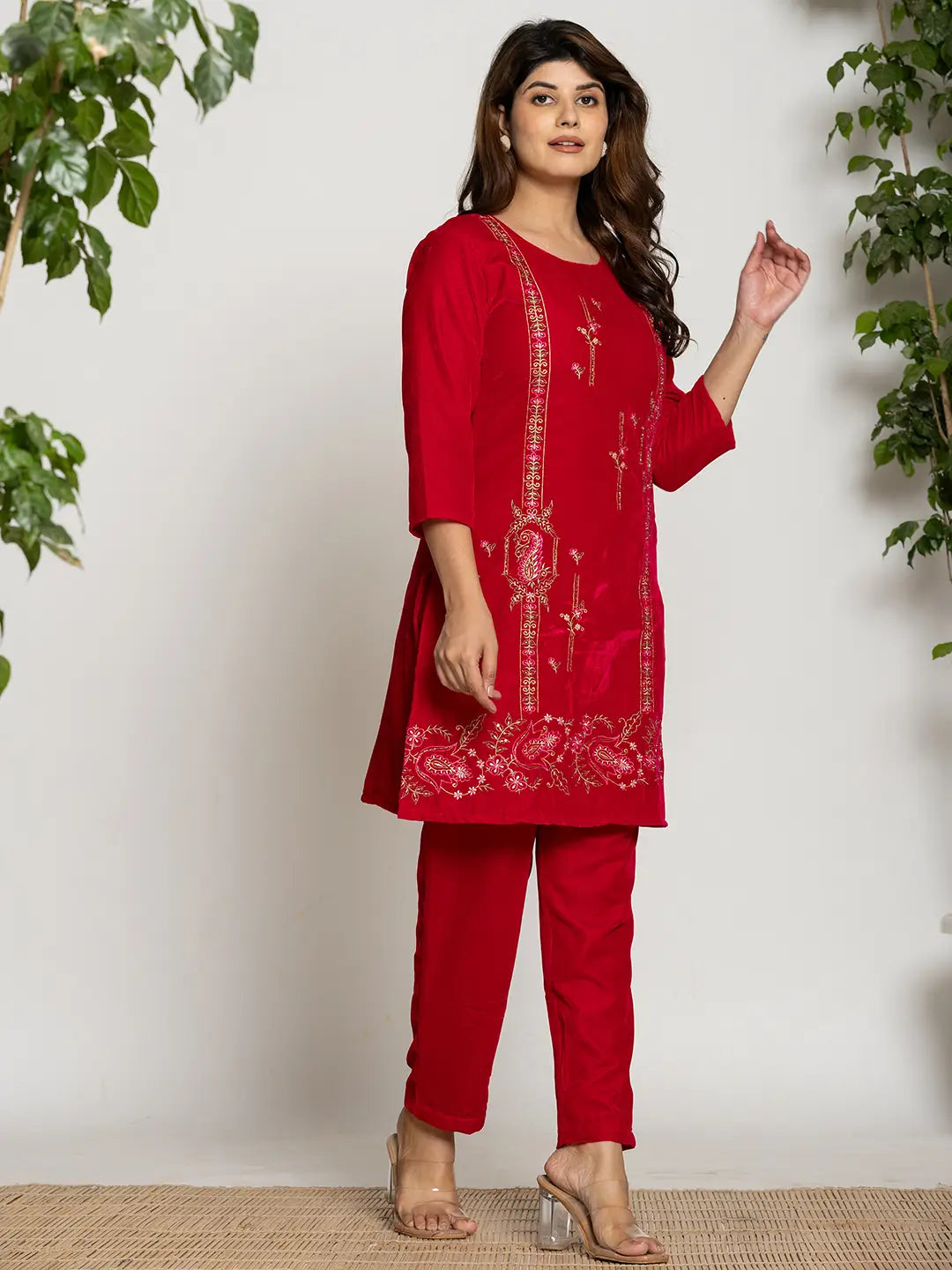 Yufta Pink Velvet Embroidered Tunic Co-Ord Set With Cotton Lining