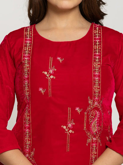 Yufta Pink Velvet Embroidered Tunic Co-Ord Set With Cotton Lining