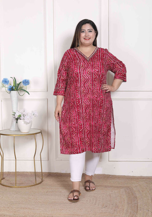 Miravan Women's Plus Size Bandhej Printed Rayon Kurta Magenta