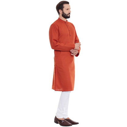 Even Apparels Orange Pure Cotton Men's Kurta With Band Collar