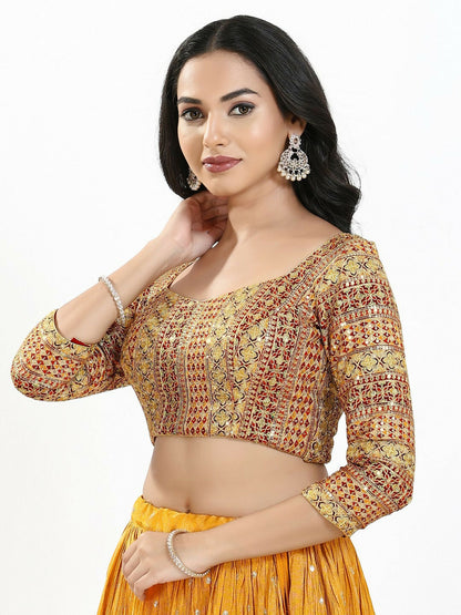 Joban Fashion Red Multi Silk Padded Blouse With Sweetheart Neck 3/4 Sleeves