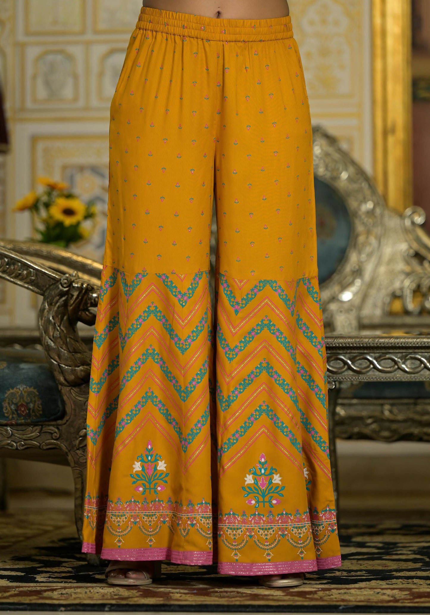 Juniper Women's Mustard Ethnic Motif Printed Liva Rayon Tunic Sharara And Dupatta Set With Sequins & Gota Patti Work