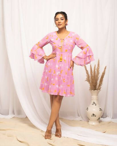 FIORRA Women's Light Pink Georgette Floral Printed Western Dress