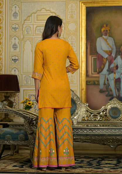 Juniper Women's Mustard Ethnic Motif Printed Liva Rayon Tunic Sharara And Dupatta Set With Sequins & Gota Patti Work